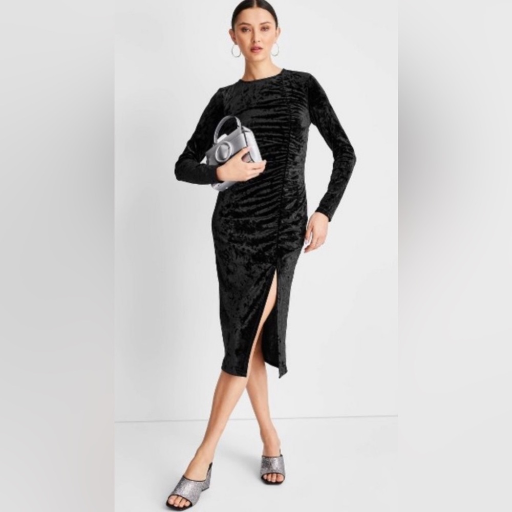 FUTURE COLLECTIVE Velvet Ruched Long Sleeve Open Back A-Line Dress NWT Medium